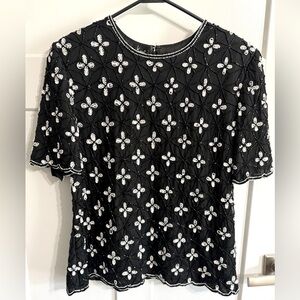 Laurence Kazar vintage‎ black white silk beaded short sleeve festive top XXL